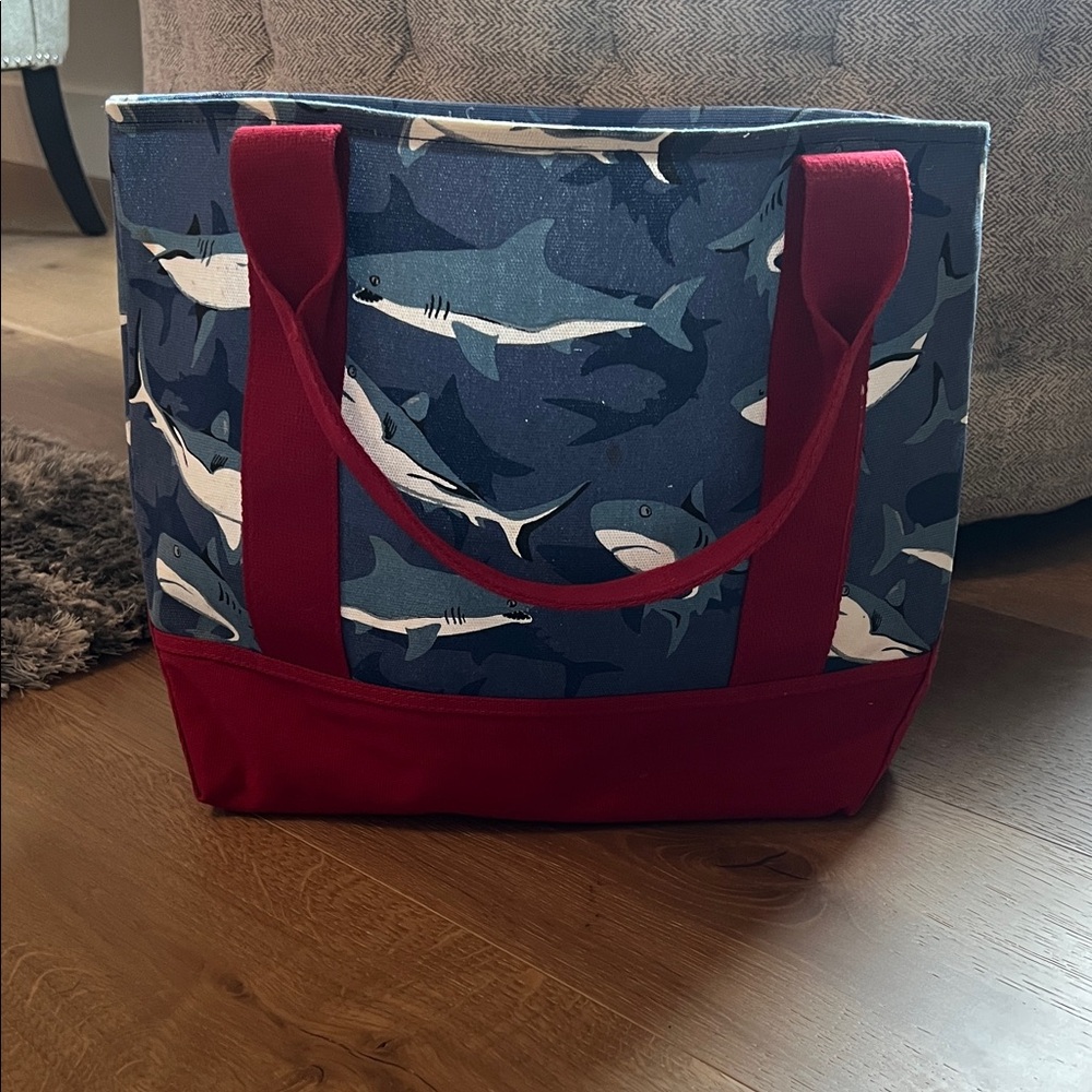 Pottery Barn Kids Shark Print Canvas Beach Tote with Red Trim
